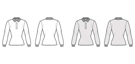 Shirt polo fitted body technical fashion illustration with long sleeves, tunic length, henley button neck, flat knit collar. Apparel top outwear template front, back, white, grey color. Women men CADのイラスト素材