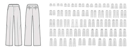 Set of Pants and shorts technical fashion illustration with low normal waist, high rise, mini midi maxi length, pockets. Flat trousers apparel template front, back, grey color. Women, men CAD mockupのイラスト素材