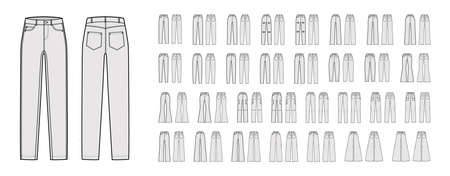 Set of Denim pants, jeans technical fashion illustration with full length, normal low waist, rise, pockets, fitted, oversized. Flat apparel front, back grey color style. Women, men, unisex CAD mockupのイラスト素材