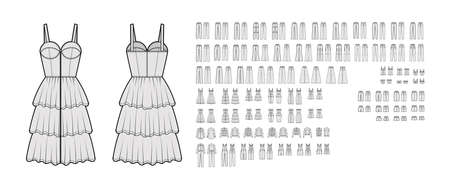 Set of Denim clothes - overall dresses, pants, jeans, coats, shorts, tops technical fashion illustration with full knee mini length. Flat front, back grey color style. Women, men unisex CAD mockupの写真素材