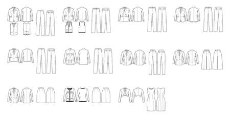 Set of Suits - classic Pants, jackets, blazers, dresses, vests technical fashion illustration with two - three pieces, double single breasted. Flat template front, back, white color. Women men CADのイラスト素材