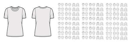 Set of tops - shirts, tanks, blouses technical fashion illustration with fitted oversized, scoop neck, short elbow long sleeves. Flat apparel template front, back, grey color. Women, men CAD mockupの写真素材