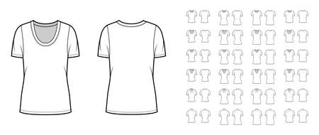 Set of shirts tops technical fashion illustration with fitted oversized body, scoop turtleneck, cowl, oval, V-neck, short sleeves. Flat apparel template front, back, white color. Women, men CAD mockupのイラスト素材