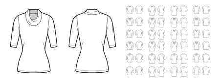 Set of shirts tops technical fashion illustration with fitted oversized body, scoop turtleneck, cowl, oval, V-neck, elbow sleeves. Flat apparel template front, back, white color. Women, men CAD mockupのイラスト素材