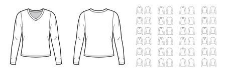 Set of shirts tops technical fashion illustration with fitted oversized body, scoop turtleneck, cowl, oval, V-neck, long sleeves. Flat apparel template front, back, white color. Women, men CAD mockupのイラスト素材