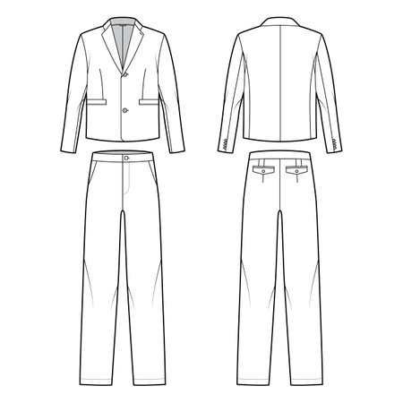 Set of two - piece Suit - classic trouser and jacket technical fashion illustration with single breasted, long sleeves, oversized. Flat apparel template front, back, white color. Women men CAD mockupのイラスト素材