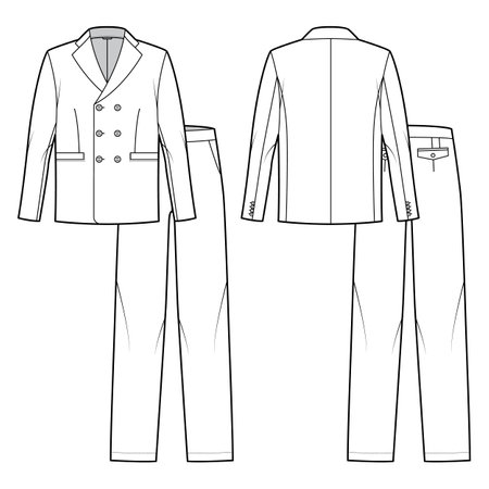 Set of Suit double breasted - classic mens trouser and jacket technical fashion illustration with two - pieces, long sleeves, pockets. Flat template front, back, white color. Women, unisex CAD mockupのイラスト素材