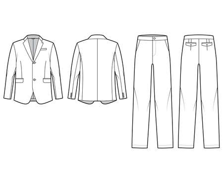 Set of Suits single breasted - classic trouser, jacket technical fashion illustration with two - pieces, oversized body, pockets. Flat template front, back, white color style. Women, men, unisex CADのイラスト素材