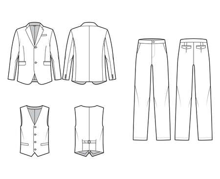 Set of Suit three-piece - classic Pant, jacket and vest technical fashion illustration with single breasted, oversized. Flat template front, back, white color style. Women, men, unisex CAD mockupのイラスト素材