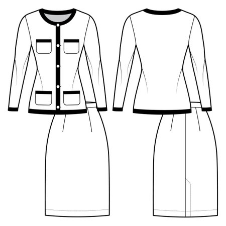Set of Suit  - style - classic skirt and blazer technical fashion illustration with two - pieces, knee length, long sleeves, slim fit. Flat template front, back white color. Women men unisex CADのイラスト素材