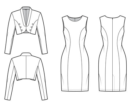 Set of bolero Suit - classic sheath dress, crop jacket technical fashion illustration with two - pieces, single breasted. Flat apparel template front, back, white color. Women, men, unisex CAD mockupのイラスト素材