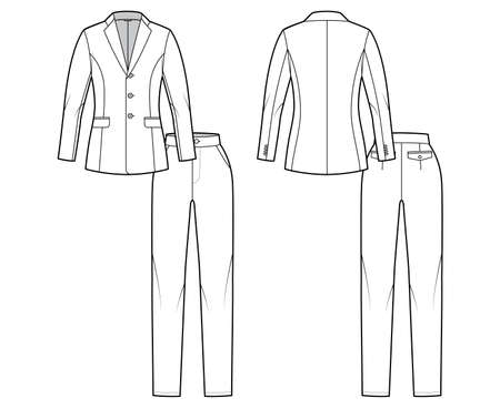 Set of pant Suit - classic women jacket technical fashion illustration with two - pieces, single breasted, fitted body. Flat apparel template front, back, white color style. Men, unisex CAD mockupのイラスト素材