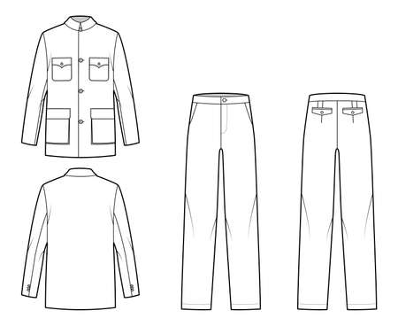 Set of Mao Suit tunic classic Pant and jacket technical fashion illustration with two - piece, single breasted, oversized. Flat apparel template front, back, white color. Women, men, unisex CAD mockupのイラスト素材