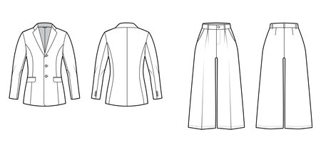 Set of culotte Suit - classic jacket technical fashion illustration with two - pieces, single breasted, fitted body. Flat apparel template front, back, white color style. Women, men, unisex CAD mockupのイラスト素材