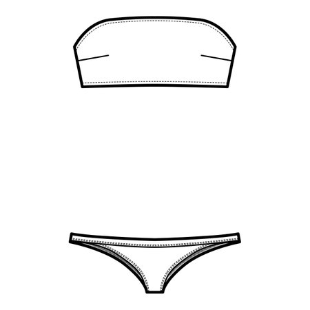 Set of lingerie - tube bra and tangas panties technical fashion illustration with strapless, hook-and-eye closure. Flat brassiere template front, white color. Women men unisex underwear CAD mockupのイラスト素材