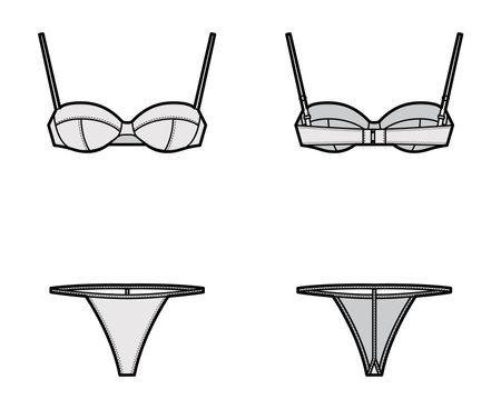 Set of lingerie - balconette bra and T-back string panties technical fashion illustration with adjustable straps. Flat brassiere template front back grey color style. Women men unisex CAD mockupのイラスト素材