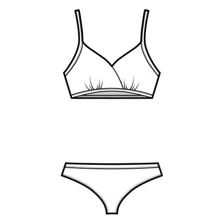 Set of lingerie - training bra and cheeky thongs panties technical fashion illustration. Flat swimwear brassiere knickers template front, white color style. Women men unisex underwear CAD mockupのイラスト素材