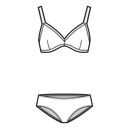 Set of swimwear lingerie - soft cup bra and hipsters panties technical fashion illustration. Flat brassiere knickers template front white color style. Women men unisex underwear CAD mockupのイラスト素材