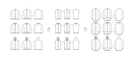 Set of Down coats vests puffer waistcoat technical fashion illustration with pouch, pockets, oversized, crop hip length. Flat template front, back, white color style. Women, men, unisex top CAD mockupのイラスト素材