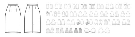 Set of Skirts technical fashion illustration with knee lengths silhouette, classic A-line, pencil, circular fullness. Flat bottom template front, back, white color style. Women men unisex CAD mockupのイラスト素材