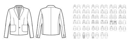 Set of jackets, coats, outerwear technical fashion illustration with oversized, thick, hood collar, long sleeves, pockets. Flat coat template front, back white color. Women men unisex top CAD mockupのイラスト素材