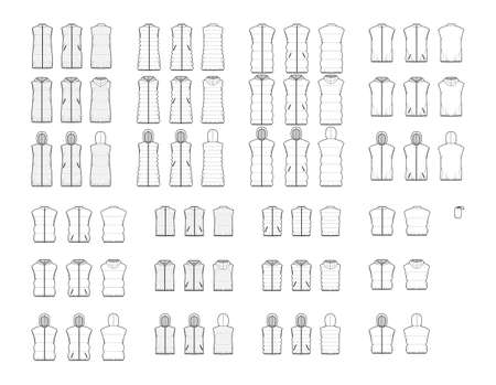 Set of Down vests puffer waistcoat technical fashion illustration with pouch, sleeveless, zip-up closure, crop hip length, quilting. Flat template front, back, white color. Women, men top CAD mockupのイラスト素材