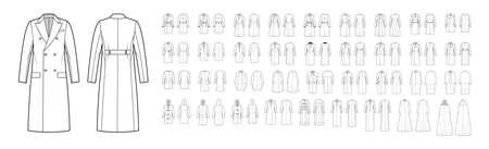 Set of coats, outerwear jackets technical fashion illustration with oversized, thick, hood collar, long sleeves, pockets. Flat coat template front, back white color. Women men unisex top CAD mockupのイラスト素材