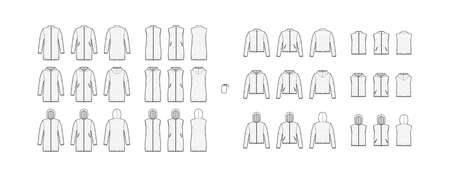 Set of Down vest puffer waistcoat technical fashion illustration with pouch, sleeveless, zip-up closure, loose fit, crop hip length. Flat template front, back, white color. Women, men top CAD mockupのイラスト素材