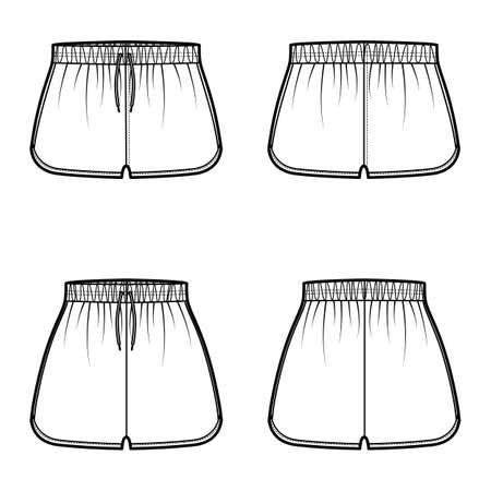 Set of Sport training shorts Activewear technical fashion illustration with high low waist, rise, drawstrings, Flowy Split Hem. Flat bottom apparel template front, back white color. Women men CADのイラスト素材