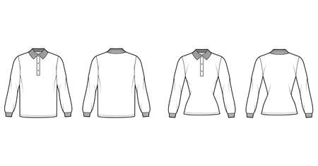 Set of Shirt polo technical fashion illustration with long sleeves, fitted oversized body, henley button neck, flat knit collar. Apparel top outwear template front, back, white color. Women, men CADのイラスト素材