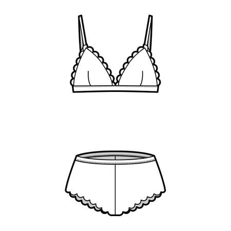 Set of lingerie - bra triangle and classic briefs panties technical fashion illustration with scalloped edge. Flat brassiere template front, white color style. Women men unisex underwear mockupのイラスト素材