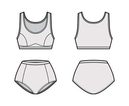 Set of lingerie - sport bra and panties technical fashion illustration with normal waist, high rise. Flat athletic brassiere template front, back, grey color. Women, men, unisex underwear CAD mockupのイラスト素材