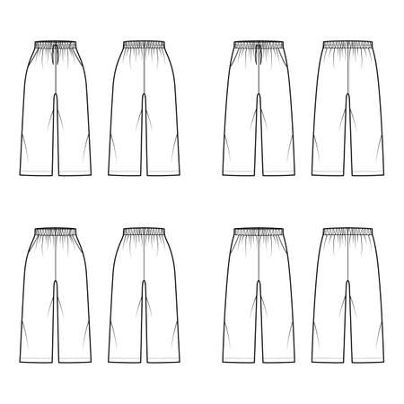 Set of Pull-On Pants Sport training shorts technical fashion illustration with elastic normal low waist, drawstrings, knee length. Flat bottom template front, back, white color. Women men unisex CADのイラスト素材