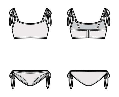Set of lingerie - bra top and string bikinis panties technical fashion illustration with adjustable tie straps. Flat brassiere template front back grey color style. Women men unisex underwear CADのイラスト素材