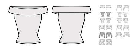 Set of tops off-the-shoulder shirts, blouses technical fashion illustration with fitted body, short elbow long sleeves. Flat apparel template front, back, grey color. Women, men unisex CAD mockupのイラスト素材
