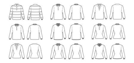 Set of Polo Shirts technical fashion illustration with long sleeves, tunic length, henley neck, fitted oversized body, classic collar. Apparel top outwear template front, back, white color. Women CADのイラスト素材