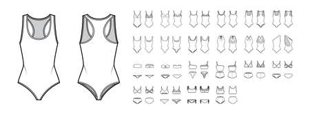 Set of swimsuit lingerie technical fashion illustration with one piece or separate bras and panties. Flat brassiere template front, back, white color style. Women, men, unisex underwear CAD mockupのイラスト素材
