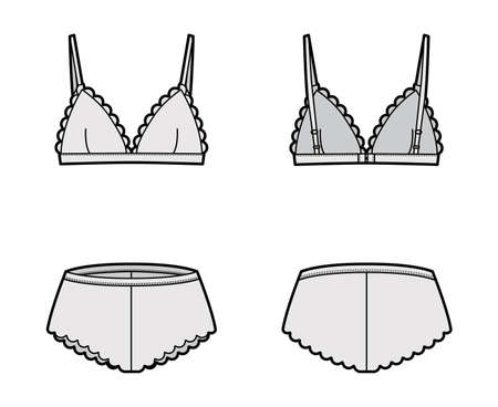 Set of lingerie - bra triangle and classic briefs panties technical fashion illustration with scalloped edge. Flat brassiere template front, back, grey color style. Women men unisex underwear mockupのイラスト素材