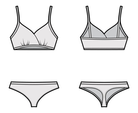 Set of lingerie - training bra and cheeky thongs panties technical fashion illustration. Flat swimwear brassiere knickers template front back grey color style. Women men unisex underwear CAD mockupのイラスト素材