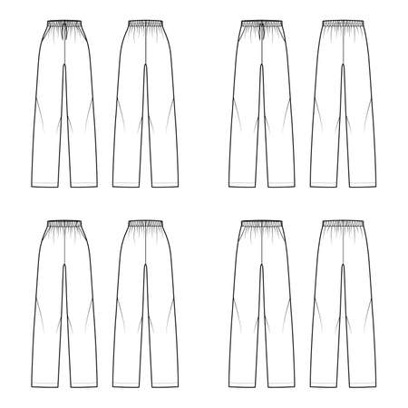 Set of Pull-On Pants Sport training shorts technical fashion illustration with high low waist, pockets, Relaxed fit, ankle length. Flat bottom template front, back, white color. Women men CAD mockupのイラスト素材