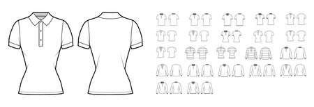 Set of Polo Shirts technical fashion illustration with long short sleeves, tunic crop length, henley neck, oversized fitted body. Apparel top outwear template front back, white color. Women CAD mockupのイラスト素材