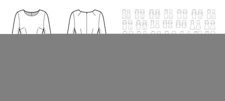 Set of sheath Dresses casual technical fashion illustration with long short elbow sleeves, A-line, circular fullness skirt. Flat apparel front, back, white color style. Women men unisex CAD mockupのイラスト素材