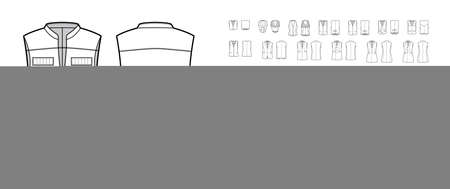 Set of vests waistcoat technical fashion illustration with sleeveless, pockets, fitted oversized body. Flat casual top apparel template front, back, white color style. Women, men, unisex CAD mockupのイラスト素材