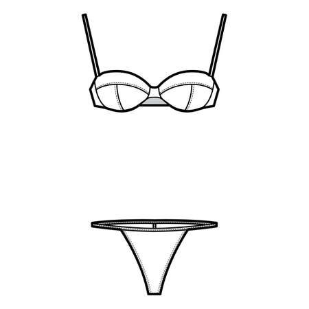 Set of lingerie - balconette bra and T-back string panties technical fashion illustration with hook-and-eye closure. Flat brassiere template front white color style. Women unisex underwear CAD mockupのイラスト素材