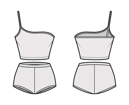 Set of lingerie - One shoulder cami bra and control briefs panties technical fashion illustration with high waist, crop length. Flat brassiere template front back grey color. Women men unisex mockupのイラスト素材