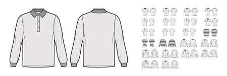 Set of Polo Shirts technical fashion illustration with long short sleeves, tunic crop length, henley neck, oversized fitted body. Apparel top outwear template front, back, grey color. Women CAD mockupのイラスト素材