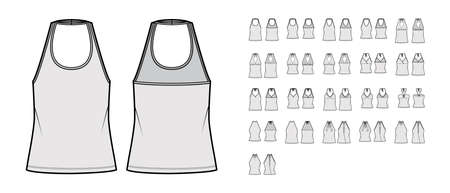 Set of tops halterneck, shirts, tanks, blouses technical fashion illustration with fitted oversized body, tunic crop length. Flat apparel template front, back grey color. Women, men unisex CAD mockupのイラスト素材