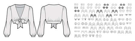 Set of cropped blouses, tops, shirts, tanks technical fashion illustration with fitted oversized body, scoop neck, short long sleeves. Flat apparel template front, back, grey color. Women, men unisexのイラスト素材