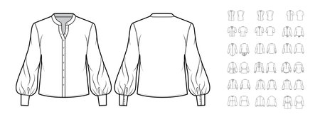 Set of Shirts technical fashion illustration with mandarin, banded stand, turtleneck collar long short elbow sleeves. Flat apparel top outwear template front, back, white color. Women, men, unisex CADのイラスト素材