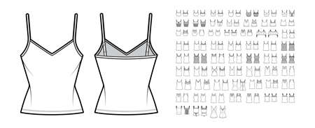 Set of camisole tops, shirts, tanks, blouses technical fashion illustration with wide narrow shoulder straps, fitted oversized body. Flat apparel template front, back white color. Women men CAD mockupのイラスト素材